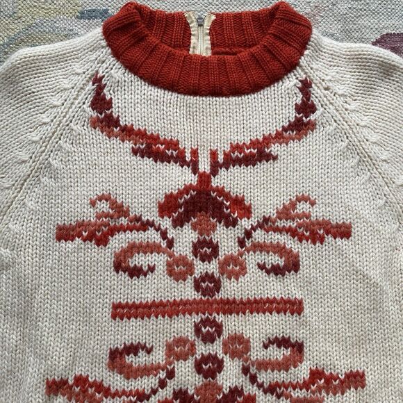 Vintage Red White 100% Wool Sweater Zip Back 70s Large - Picture 2 of 7